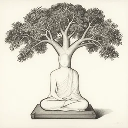 sketch of a meditation seat under a beautiful bodhi tree, minimalist, stylized, etching by louis le breton, 1 8 6 9, 1 2 0 0 dpi scan