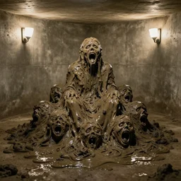 a photograph photo of a pile of oozing, slimy clay covered in screaming faces, sitting in a concrete cellar with lamps on the walls