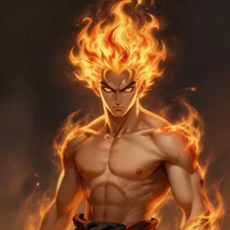 An epic digital painting art of a portrait of a shirtless martial artist with fiery hair in the style of Cushart Krenz, trending on ArtStation