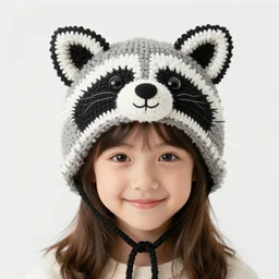 a crocheted raccoon hat, very detailed animal hat, cute details, product photo, promotional image, cute smiling girl with brown hair, sharp focus, studio lighting