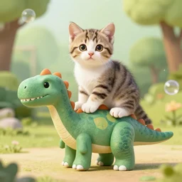 kitten riding a dinosaur