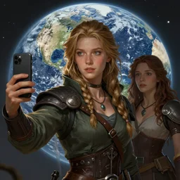 a detailed fantasy character portrait of human taking last selfie on earth by lauri blank, artgerm, evelyn de morgan, 8K, 50mm lens