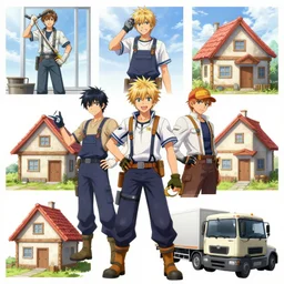 anime, ragnarok online style character pictures of a window cleaner, plumber, house builder workers, centered to threee guys, twro of them build a houses and one is a truck driver, anime ragnarok online setting, character profile pictures, high detail, real ragnarok online commerical drawing