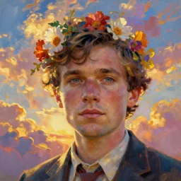 close - up portrait, surreal photography, golden hour, colorful clouds, the dude from the big lebowski, flowers in hair impressionist painting, digital painting, artstation, simon stalenhag