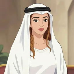 comic style, sophie turner, saudi arabian headdress, white dress, portrait