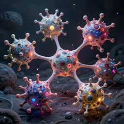 quantum connections represented as symbiotic organisms like cells playing around with colorful lights by ernst haeckel, sharp