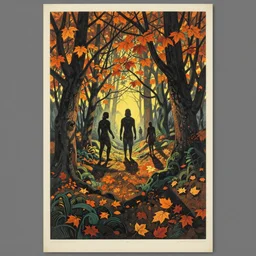 ancient beings, autumn, beautiful leaves, by gediminas pranckevicius, dark shadows, woodblock, complementary - colors, olive oil, creme brule, poster, polished, discovering enlightenment, by james gilleard
