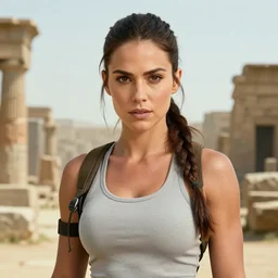 face portrait of concentrated young Mila Kunis as muscled Lara Croft stepping out epic ancient ruins directly looking into the camera, sun beams, intricate, elegant, highly detailed, centered, crispy sharp digital painting, artstation, concept art, smooth, sharp focus, illustration, Allan Lee, John Howe