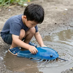 boy playing in a puddle with a giant blue tadpole