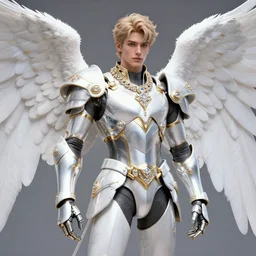 a beautiful male angel wearing a white chrome armor with golden ornaments and diamonds jewelry by alex gray and android jones, karol bak, ayami kojima, amano, concept art, character design, fantasy, 3 d, 8 k resolution