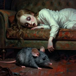 cinematic colorful horror artwork by artgerm, beksinski, lovecraft, mark brooks ; ugly furry mouse on floor surprised by dove cameron sleeping face down on couch above mouse ; scary, 8 k hdr, creepy intricate ; volumetric dramatic lighting, detailed, haunting