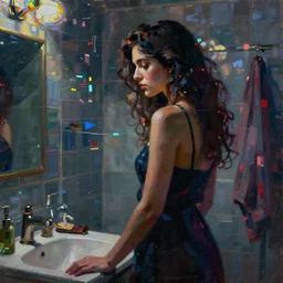 a beautiful glitched painting by christian hook of a woman in a bathroom, brushstrokes by jeremy mann, still life, dark colors