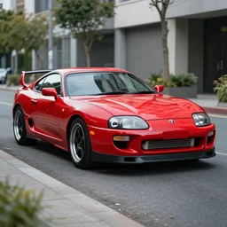 Cannon photo of red Toyota supra mk4 made in 1995 front sideview parked on street