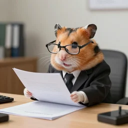 photo of a hamster in a suit and glasses, reading a document at a desk in an office. Highly detailed 8k. Intricate. Sony a7r iv 55mm. Award winning.