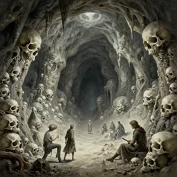 a dungeons and dragons party inside an enormous cavern of skulls, by zdzislaw beksinski, by gustave dore, by peter mohrbacher, horror, dystopian architecture, biomorphic, lovecraftian, amazing details, vivid colors, detailed, epic, waterfall