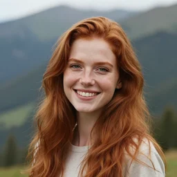 portrait photo of a gorgeous happy red head girl in a mountain, f/5.6, 1/100, ISO 300, close up