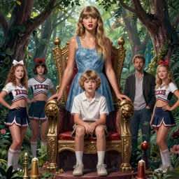 twin peaks movie poster art of taylor swift standing next to young boy sitting in throne, local cheerleader being sacrificed to the moloch in a ritual in the grove, highly detailed, smooth, illustration, sharp focus, smooth, by artgerm, leyendecker, wlop, katherine lam, peter mohrbacher, michael whelan and tomer hanuka, godward, gustav moreau, saturno butto, boris vallejo, david kassan
