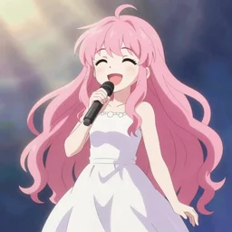 anime style, vivid, colorful, full body, a cute girl with white skin and long pink wavy hair singing a song, heavenly, stunning, realistic light and shadow effects, happy, centered, landscape shot, happy, simple background, studio ghibly makoto shinkai yuji yamaguchi