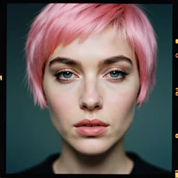 kodak portra 4 0 0, 8 k, highly detailed, britt marling style 3 / 4 photographic close - up face of a beautiful gal gadot with pink pixie cut hairstyle, ca. 2 0 5 0, 1 9 4 0 s cyberpunk style, symmetrical, hasselblad x 1 d - 5 0 c, medium format, soft light