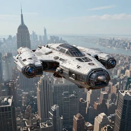 protoss spaceship hovering above new york city, beautiful art, artstation, uhd 4 k, incredible detail