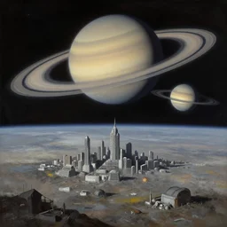 a gorgeous bleak and desolate sci - fi painting by john harris. beyond the horizon, three is huge saturn ring!! the low earth orbit space city under war. ultra clear detailed. 8 k