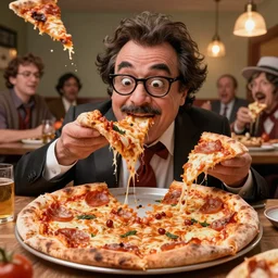derpy looking danny devito eating greasy pizza, pizza is everywhere, weird, strange, bizarre, surreal, epic composition, 2 0 0 mm focal length, donato giancola, tim hildebrandt, wayne barlow, bruce pennington, larry elmore, insanely quality, highly detailed, masterpiece, pizza light, artstation, 4 k