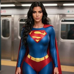 Kim kardashian wearing a superman outfit in a subway station, tight attire, trending on artstation, ultra detailed, 8k, character illustration by Greg Rutkowski, Thomas Kinkade.