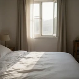 cozy room in the morning, sun coming in through the partially open window, photography, calm atmosphere, bed