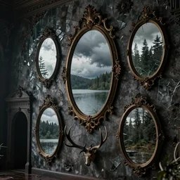 massive wall mirrors, shattered textures, antlers, lake, reflections, massive oval mirrors, cinematic, filmic, ray tracing reflections, detailed and intricate, elegant, ornate, realistic, stormy weather, ominous, dark dank wet walls, portals, true detective, forest