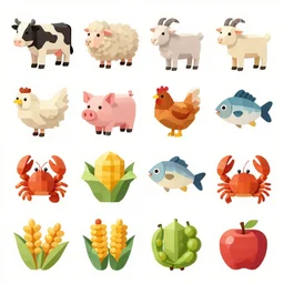 neatly arranged pictures of different individual animals and plants, including dairy cattle, sheep, goat, pig, chicken, fish, lobster, crab, corn, wheat, soybean, apple low poly style