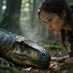 closeup of monster hunter woman\'s face examining a sleeping dinosaur in the forest, natural lighting, moody shadows, god rays, faint dust in the air, DSLR photo, 4k