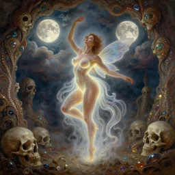 concept art of translucent glowing curvy buxom booty brown fairy dancing, renaissance, flowy, melting, round moons, rich clouds, very detailed, volumetric light, mist, fine art, textured oil over canvas, epic fantasy art, very colorful, ornate intricate scales, walls and floor of cave made of skulls, fractal gems, 8 k, hyper realistic