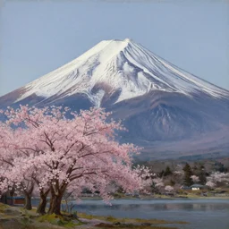 mount fuji with cherry blossoms by martin johnson heade. oil on canvas.
