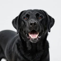 vicious black labrador showing teeth at camera, photorealistic