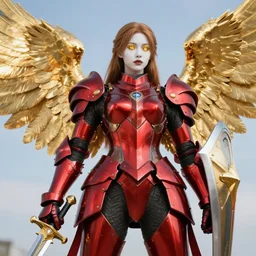 picture of metal armored valkyrie, crimson plated, sword and shield, golden wings, divine vibes, light brown hair, white skin, shiny golden eyes, sky background, sharp focus, highly detailed, cinematic lighting, studio quality, smooth render, unreal engine 5 rendered, octane, rendered