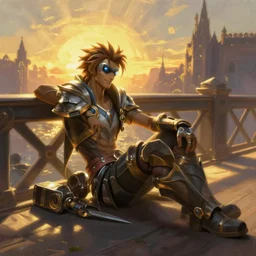 windrunner from DOTA2 relaxing on a bridge, portrait painting, beautiful lighting at golden-hour, fantasy,