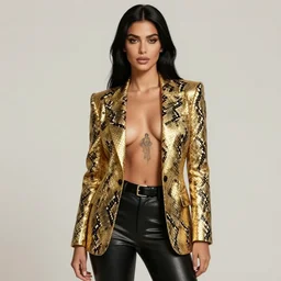 Mia Khalifa in gold suit jacket in snake print, jacket over bare torso, yakuza tattoo on body, black long  haircut, black leather pants with black belt, elegant, ultra highly detailed, digital painting, smooth, sharp focus, artstation, art by artgerm, rossdraws