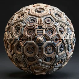 a stunning ultra detailed intricate spherical polymer clay sculpture made of tiny repetitive scifi geometric shapes, paisley patterns, curvy fractals, artstation, deep depth of field, volumetric lighting, 3 d model, 8 k, dark background, 2 0 mm lens