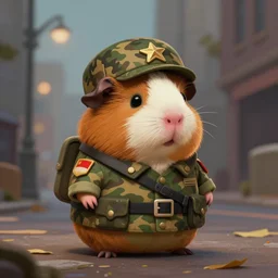 cute little anthropomorphic Guinea Pig Soldier in city, tiny, small,  short, Forest Camouflage outfit, cute and adorable, pretty, beautiful, DnD character art portrait, matte fantasy painting, DeviantArt Artstation, by Jason Felix by Steve Argyle by Tyler Jacobson by Peter Mohrbacher, cinematic lighting