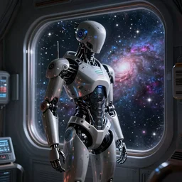 robotic cyber punk humanoid, standing beside a space station window to nebula, starry sparkles in distance, cinematic hyper detailed,