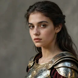 close - up portrait of beautiful young woman dressed gladiator with metallic armor, art by dahmane