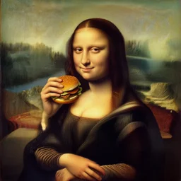oil on canvas portrait of the mona lisa taking a hamburger, funny, detailed, cinematic, artwork by leonardo da vinci