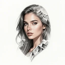 amazing blend effect on a beautiful woman face and mighty mountains, tattoo design sketch, hyper - realistic, in the style of matteo pasqualin, amazing detail, black and white