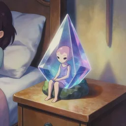 a painting of a small beyond - dimensional alien fantasy prism, infused with a dream, sitting on a girl's bedside table, in a screenshot from the science fiction anime film