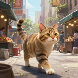 an epic fantasy comic book style portrait painting of a bipedal cat walking through a busy new york street, bodegas and vendors, awesome pose, character design by mark ryden and pixar and hayao miyazaki, unreal 5, daz, hyperrealistic, octane render, cosplay, rpg portrait, dynamic lighting, intricate detail, summer vibrancy, cinematic