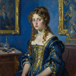 palette knife oil painting portrait of a girl in a blue and gold haunted liminal room, film still by goya, by balthus, by pontormo, extreme detail, liminal aesthetic, artgerm, deviant art, octane, substance, art history 8 k, art nouveau, neoclassic victorian art