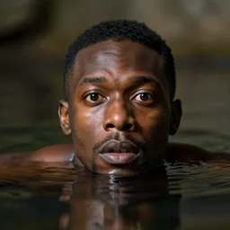 a black man fully submerged ecxept of the top of his head, horrified look in his eyes, water reflection, sigma 85mm