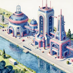 overwatch jakarta river canal building, indonesia, stylized, exterior, architecture, in watercolor gouache detailed paintings, arcane, insanely detail, artstation, 8 k, futuristic, big medium small, props, furniture and decor, empty, no character, blue and pink color scheme