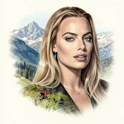 tattoo sketch of margot robbie mash up in amazing mountain scenery and nature, double exposure effect, in the style of arlo dicristina, hyper realism, amazing detail, sharp