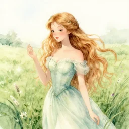 highly detailed watercolor, beautiful fairy queen in a meadow, surrounded by magic, long hair, nostalgia for a fairytale, magic realism, flowerpunk, mysterious, by charles vess, anato finnstark, cinematic lighting, beautiful face by leyendecker